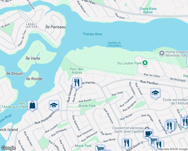 map of restaurants, bars, coffee shops, grocery stores, and more near 12524 Rue Saint - Louis in Montréal