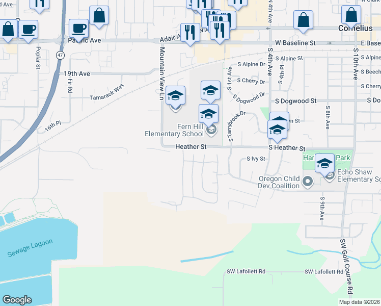map of restaurants, bars, coffee shops, grocery stores, and more near 1506 Pioneer Circle in Forest Grove