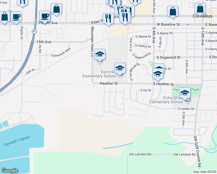 map of restaurants, bars, coffee shops, grocery stores, and more near 1506 Pioneer Circle in Forest Grove