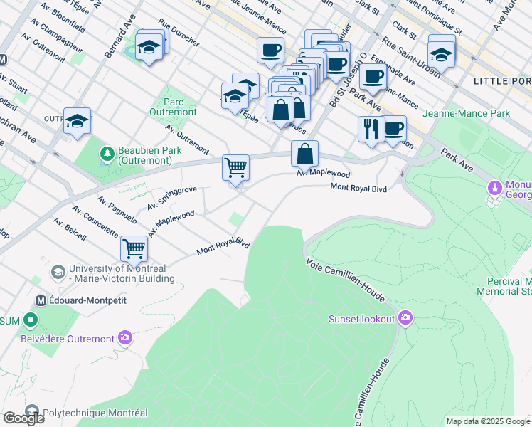 map of restaurants, bars, coffee shops, grocery stores, and more near 97 Avenue McCulloch in Montréal