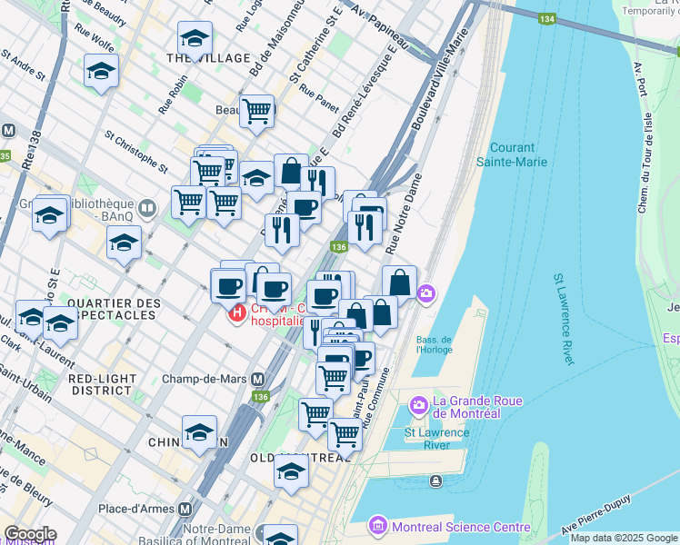 map of restaurants, bars, coffee shops, grocery stores, and more near 870 Rue Saint Antoine Est in Montréal