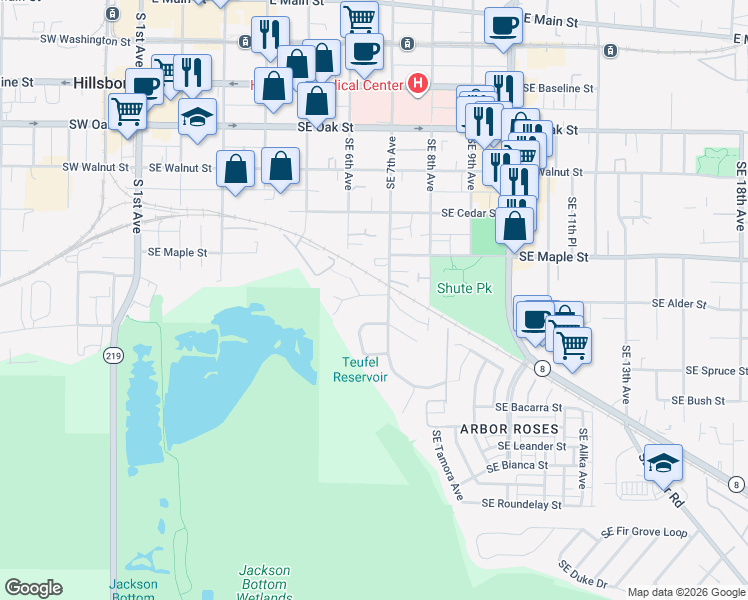 map of restaurants, bars, coffee shops, grocery stores, and more near 672 Southeast Alder Court in Hillsboro