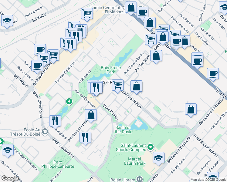 map of restaurants, bars, coffee shops, grocery stores, and more near 2308 Rue Harriet-Quimby in Montréal