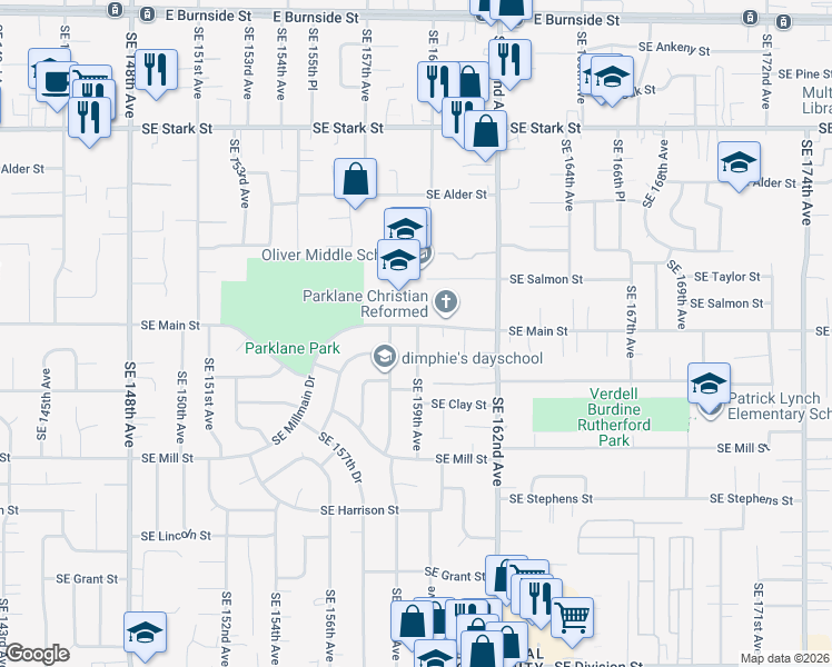 map of restaurants, bars, coffee shops, grocery stores, and more near 15945 Southeast Hawthorne Street in Portland