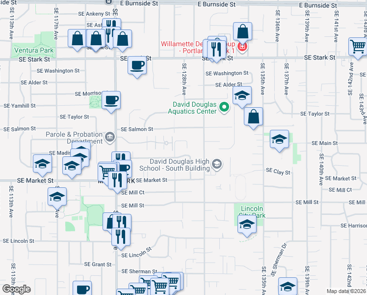 map of restaurants, bars, coffee shops, grocery stores, and more near 12730 Southeast Madison Street in Portland