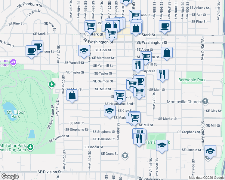 map of restaurants, bars, coffee shops, grocery stores, and more near 1337 Southeast 80th Avenue in Portland