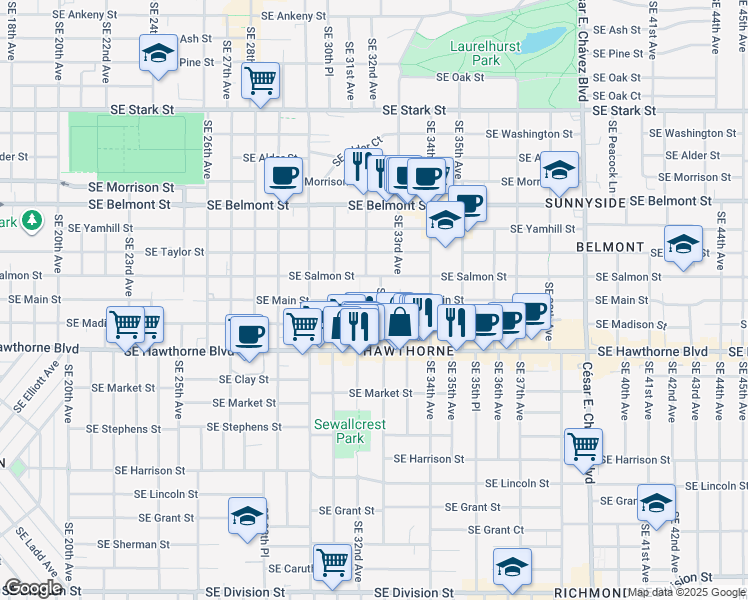 map of restaurants, bars, coffee shops, grocery stores, and more near 1332 Southeast 32nd Avenue in Portland