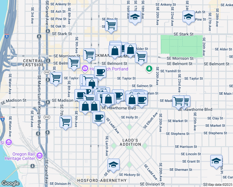 map of restaurants, bars, coffee shops, grocery stores, and more near 1505 Southeast Madison Street in Portland