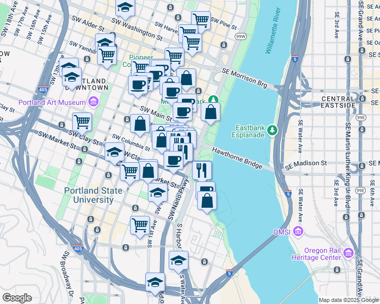 map of restaurants, bars, coffee shops, grocery stores, and more near 1398 Southwest Naito Parkway in Portland