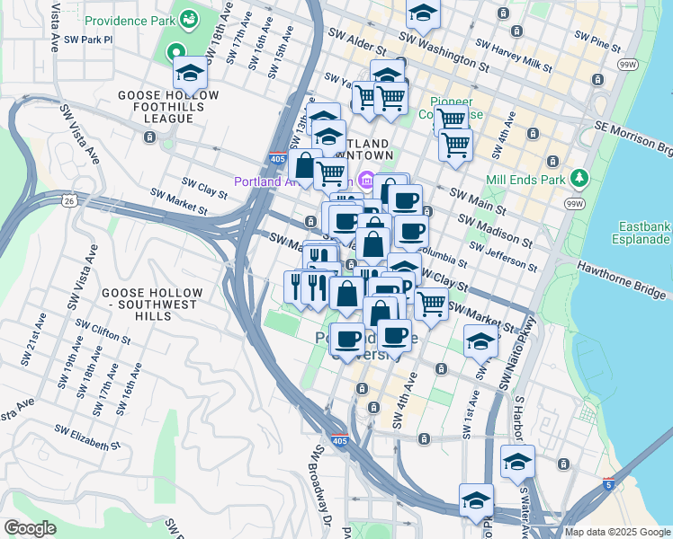 map of restaurants, bars, coffee shops, grocery stores, and more near in Portland