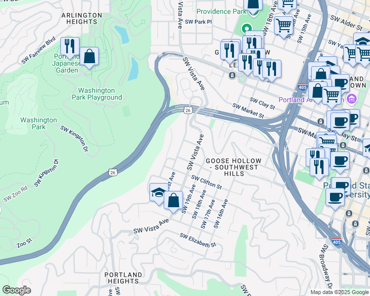 map of restaurants, bars, coffee shops, grocery stores, and more near 1975 Southwest Montgomery Drive in Portland