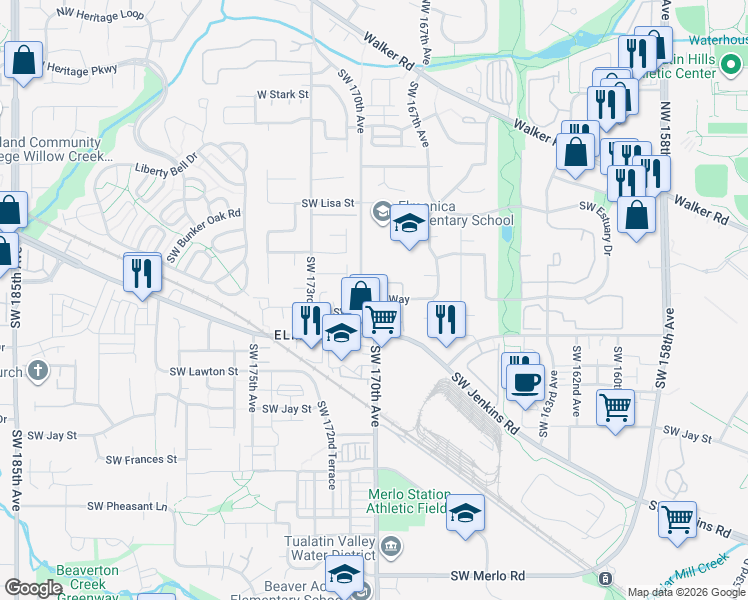 map of restaurants, bars, coffee shops, grocery stores, and more near 16971 Southwest Steele Way in Beaverton