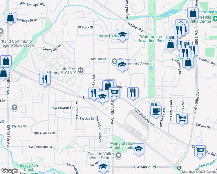 map of restaurants, bars, coffee shops, grocery stores, and more near 17112 Southwest Whitley Way in Beaverton