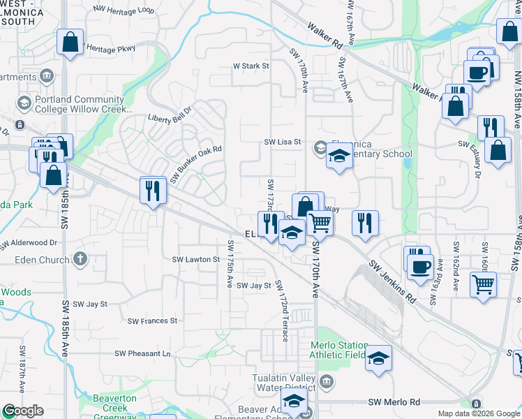 map of restaurants, bars, coffee shops, grocery stores, and more near 909 Southwest 174th Place in Beaverton