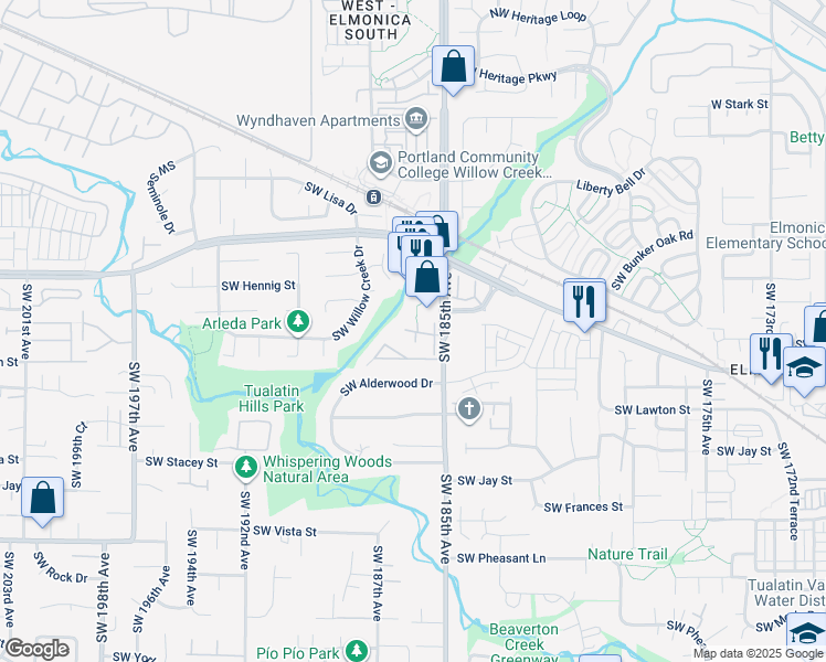 map of restaurants, bars, coffee shops, grocery stores, and more near 875 Southwest 185th Avenue in Beaverton