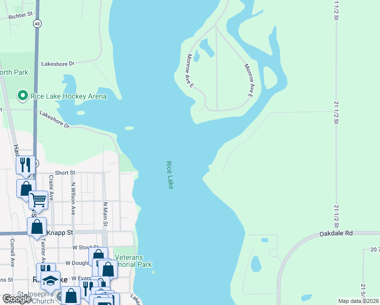 map of restaurants, bars, coffee shops, grocery stores, and more near 2108 21 1/4 Street in Rice Lake