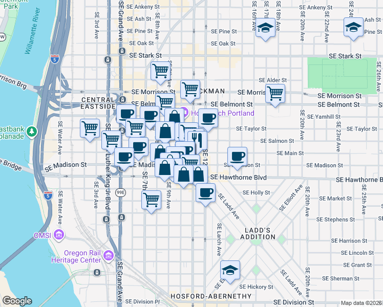 map of restaurants, bars, coffee shops, grocery stores, and more near in Portland