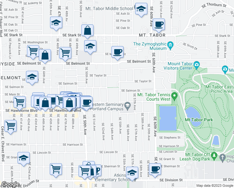 map of restaurants, bars, coffee shops, grocery stores, and more near 1245 Southeast 55th Avenue in Portland