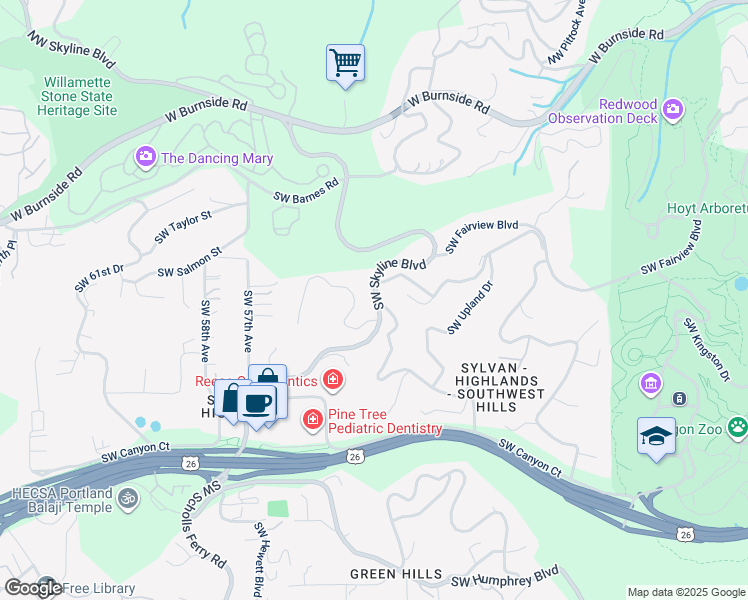 map of restaurants, bars, coffee shops, grocery stores, and more near 1319 Southwest Skyline Boulevard in Portland