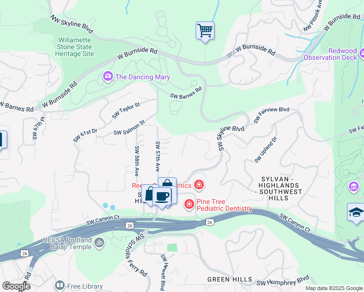 map of restaurants, bars, coffee shops, grocery stores, and more near 5435 Southwest Burton Drive in Portland