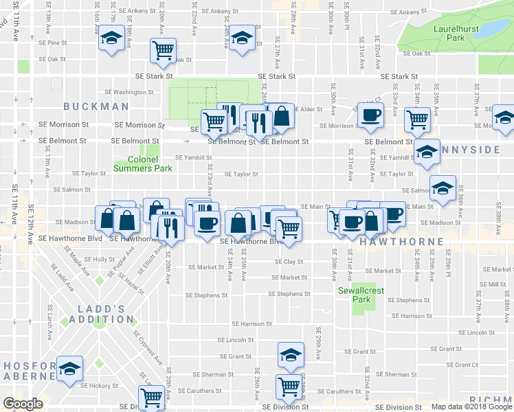 map of restaurants, bars, coffee shops, grocery stores, and more near 1245 Southeast 26th Avenue in Portland