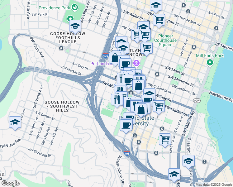 map of restaurants, bars, coffee shops, grocery stores, and more near 1025 Southwest Mill Street in Portland