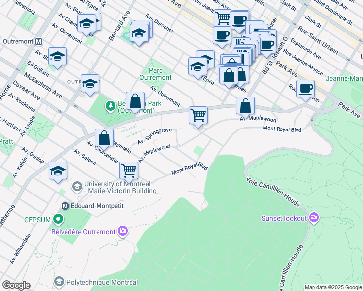 map of restaurants, bars, coffee shops, grocery stores, and more near 138 Avenue Maplewood in Montreal