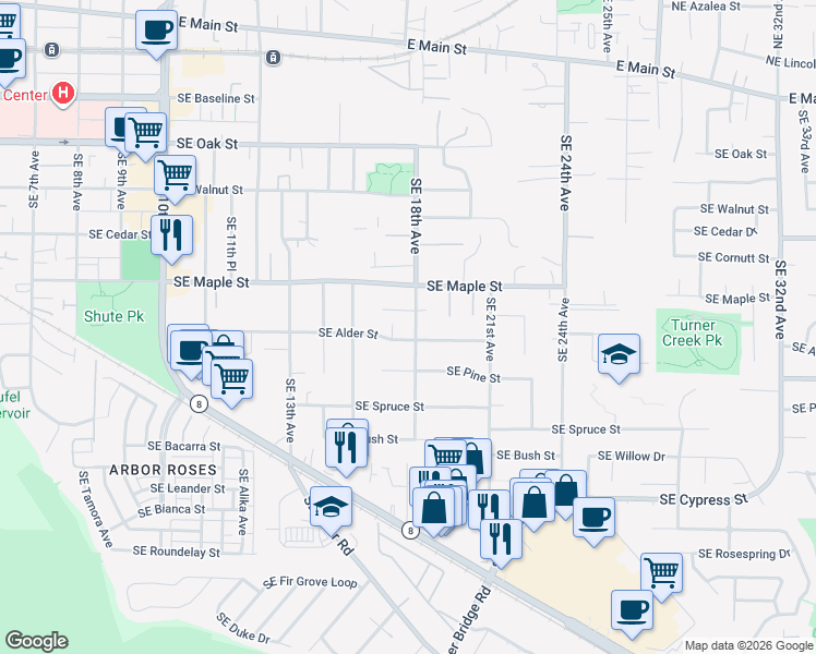 map of restaurants, bars, coffee shops, grocery stores, and more near Southeast Alder Street in Hillsboro