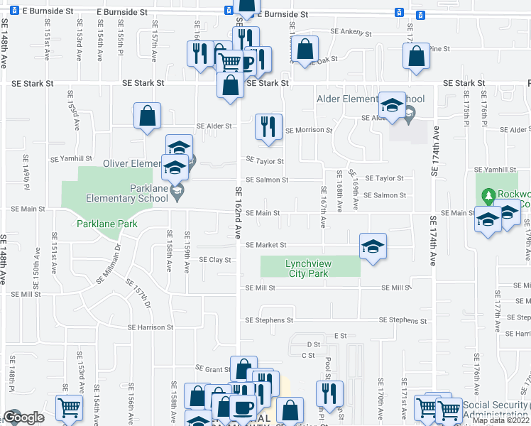 map of restaurants, bars, coffee shops, grocery stores, and more near SE 163rd Pl in Portland