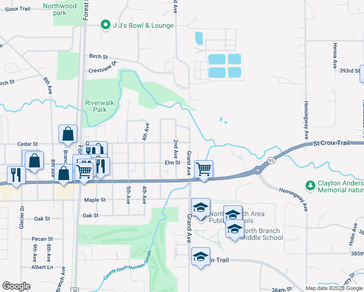 map of restaurants, bars, coffee shops, grocery stores, and more near 6748 Elm Street in North Branch