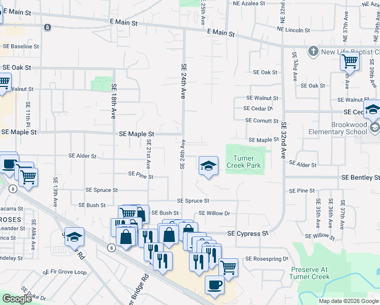 map of restaurants, bars, coffee shops, grocery stores, and more near 2451 Southeast Alder Street in Hillsboro