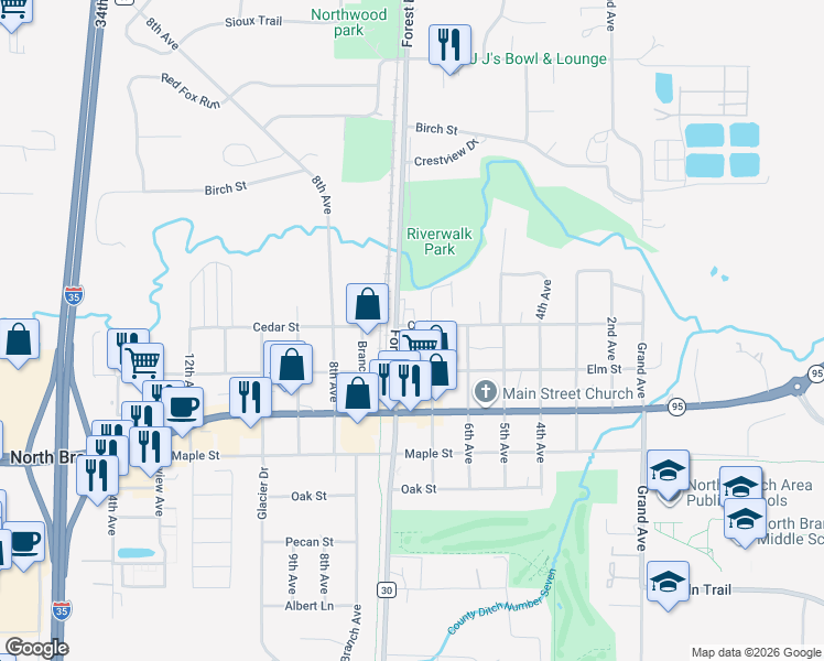 map of restaurants, bars, coffee shops, grocery stores, and more near in North Branch