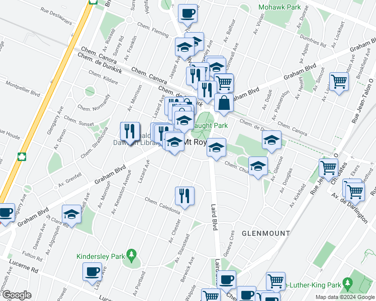 map of restaurants, bars, coffee shops, grocery stores, and more near 1375 Croissant Sherwood in Mont-Royal