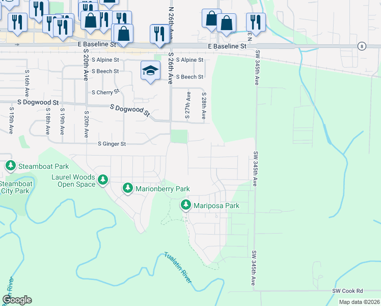 map of restaurants, bars, coffee shops, grocery stores, and more near 2700 South Heather Street in Cornelius
