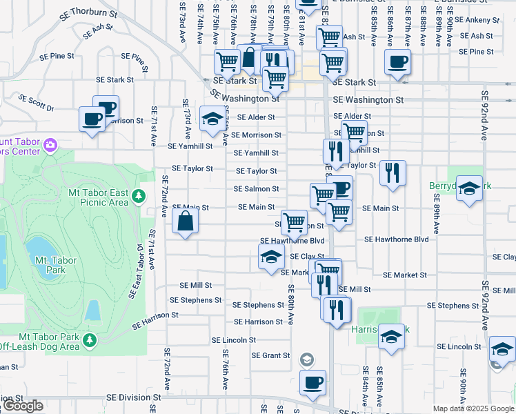 map of restaurants, bars, coffee shops, grocery stores, and more near Southeast 78th Avenue in Portland
