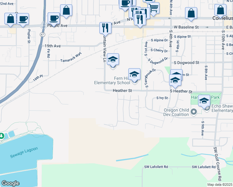 map of restaurants, bars, coffee shops, grocery stores, and more near 1300 Mountain View Drive in Forest Grove