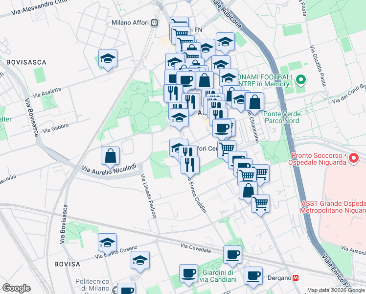 map of restaurants, bars, coffee shops, grocery stores, and more near 6 Via Privata Pozzuoli in Milano