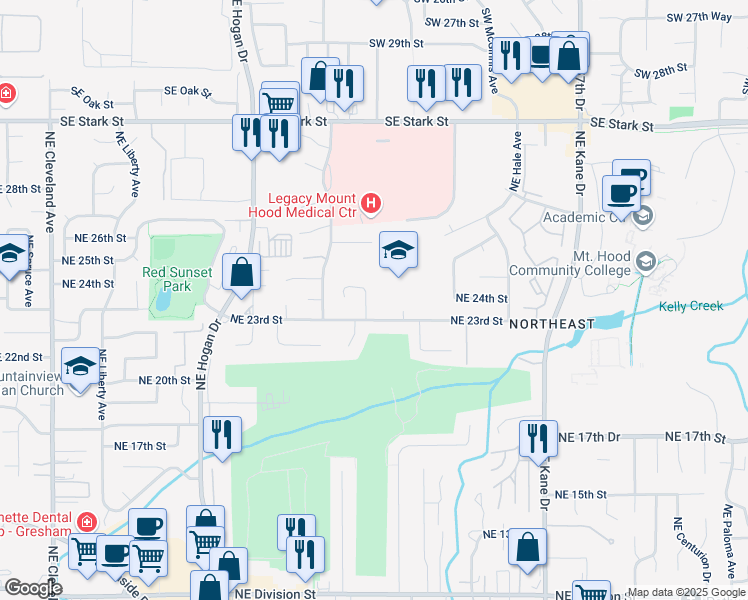 map of restaurants, bars, coffee shops, grocery stores, and more near 2440 Northeast 23rd Street in Gresham