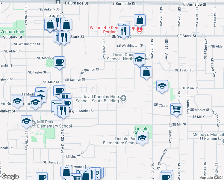 map of restaurants, bars, coffee shops, grocery stores, and more near 1409 Southeast 130th Avenue in Portland