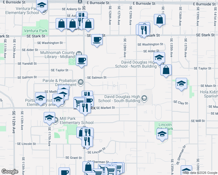 map of restaurants, bars, coffee shops, grocery stores, and more near 12615 Southeast Madison Street in Portland