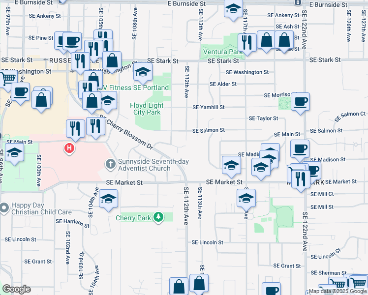 map of restaurants, bars, coffee shops, grocery stores, and more near 11125 Southeast Cherry Blossom Drive in Portland