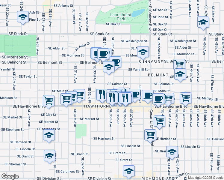 map of restaurants, bars, coffee shops, grocery stores, and more near 3508 Southeast Madison Street in Portland