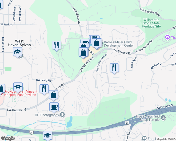 map of restaurants, bars, coffee shops, grocery stores, and more near 899 Southwest Summit View Drive in Portland