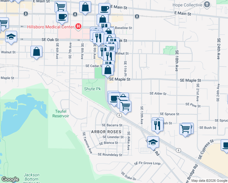map of restaurants, bars, coffee shops, grocery stores, and more near 883 South East 11th Avenue in Hillsboro