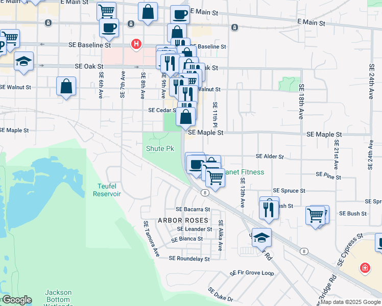 map of restaurants, bars, coffee shops, grocery stores, and more near 883 South East 11th Avenue in Hillsboro
