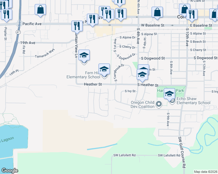 map of restaurants, bars, coffee shops, grocery stores, and more near 939 South 1st Avenue in Cornelius
