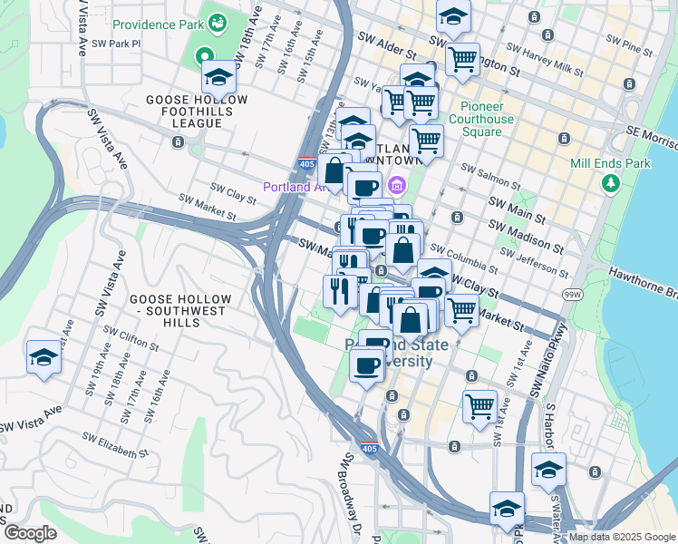 map of restaurants, bars, coffee shops, grocery stores, and more near 1025 Southwest Mill Street in Portland