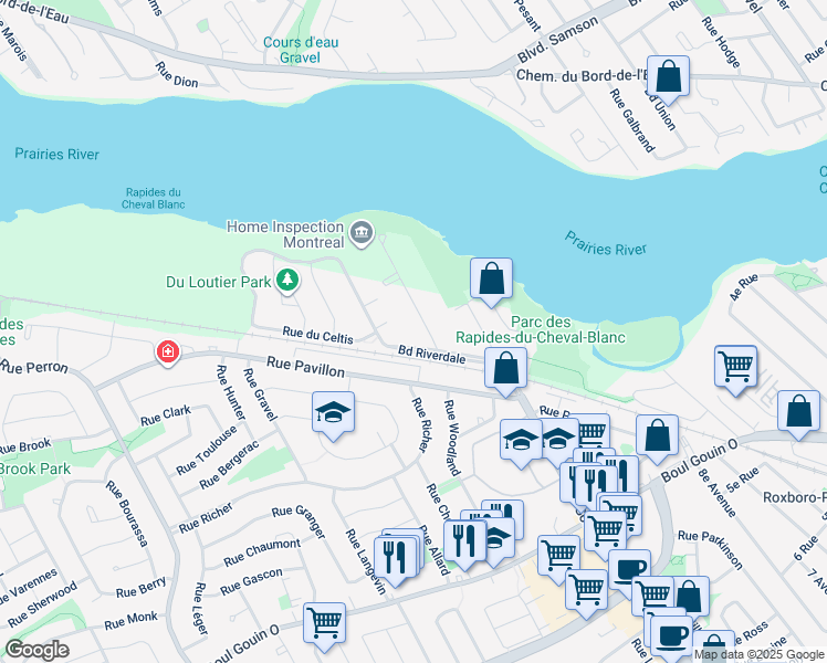 map of restaurants, bars, coffee shops, grocery stores, and more near 5215 Rue Riviera in Montréal