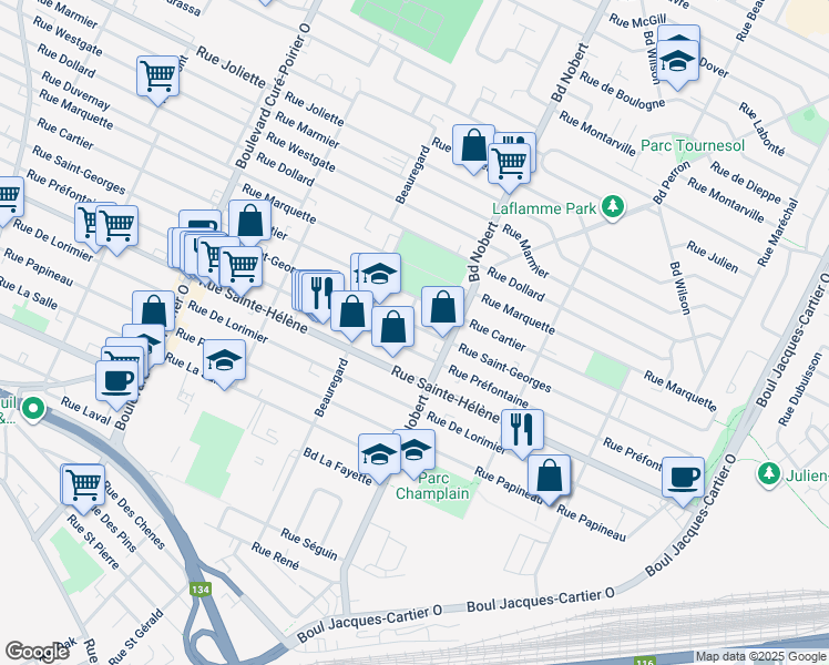 map of restaurants, bars, coffee shops, grocery stores, and more near 2272 Rue Saint-Georges in Longueuil