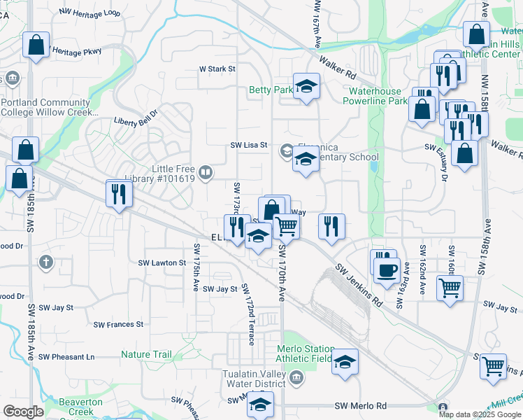 map of restaurants, bars, coffee shops, grocery stores, and more near 851 Southwest 171st Avenue in Beaverton